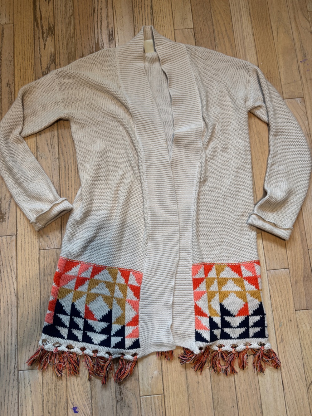 Roxy Bohemian Geometric Fringe Open Cardigan XL Coastal Grandma